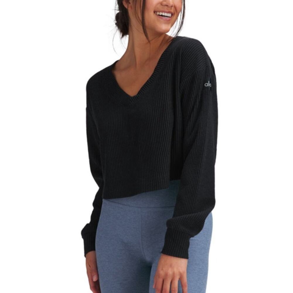 Alo Yoga Muse Ribbed Long Sleeve Cropped Top Black Size XS